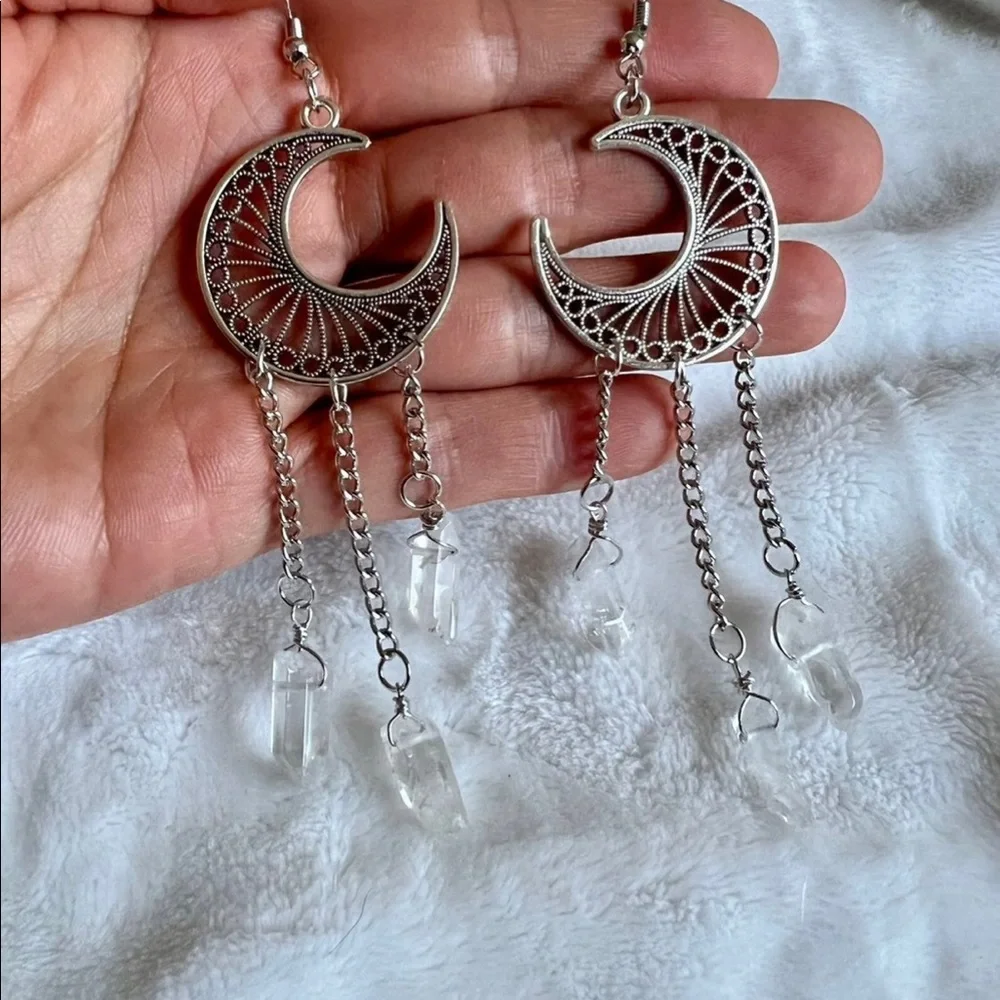 Celestial LUNA MOON Clear Quartz Chandelier Earrings